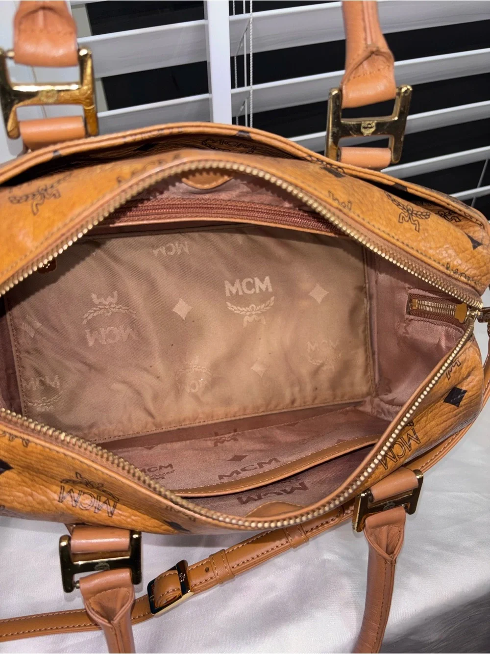 Vintage MCM Cognac Visetos Boston Bag Satchel with Shoulder Strap